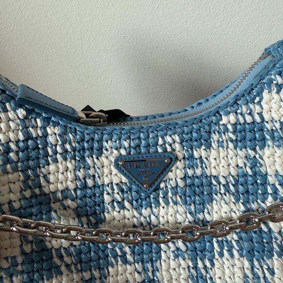 NWT Prada Re-Edition Mini Shoulder Bag Celeste Raffia Gingham Pattern Chain - Picture 4 of 10